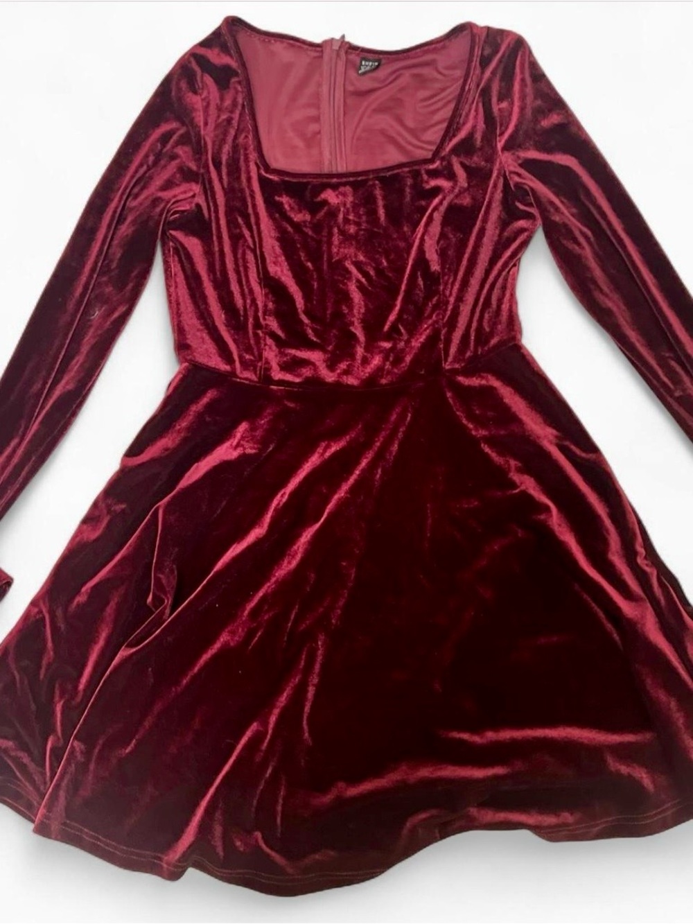 SHEIN Wine Red Velvet Long Sleeve Fit & Flare Dress